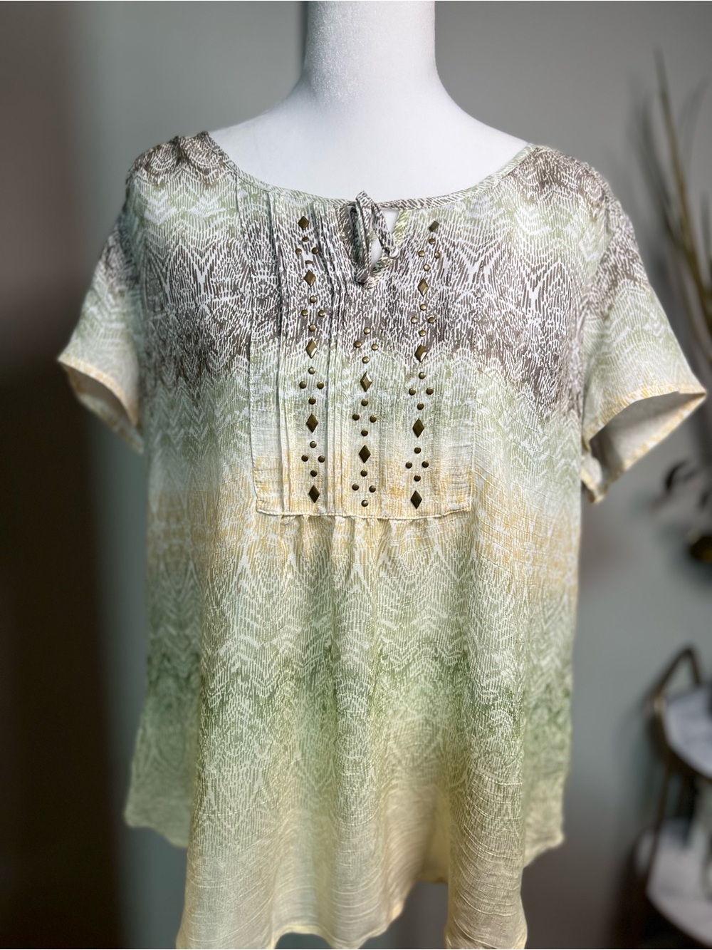 Laura Scott Ombre Eyelet Pintuck Tunic in Green and Cream